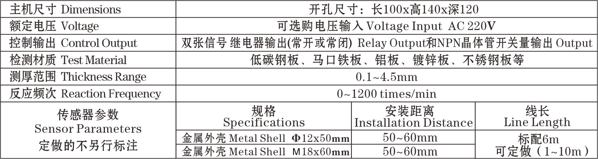 SP-D1金屬板片料重疊檢測控制儀器參數(shù)
